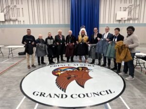 Left to right 1 P A Grand Council Urban Service Director Geoff Despins 2 Prince Albert Knight of Columbus Ed Boyle 3 Father Travis Myrheim, St. Michael’s Parish Prince Albert 4 District 17 District Deputy Boris Bilay 5 Bishop Emeritus Albert Thevenot, Chaplain, Sask K of C Charitable Foundation 6 PA Grand Council Vice Chief Chris Jobb 7 Sask State Deputy Larry Packet 8 Sask K of C Insurance Agent Joel Buchinski 9 P A Diocese Seminarian Sedale Rosillo 10 Newly Initiated Knight of Columbus Ernest Obisi