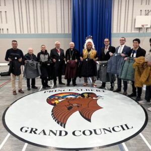 Left to right 1 P A Grand Council Urban Service Director Geoff Despins 2 Prince Albert Knight of Columbus Ed Boyle 3 Father Travis Myrheim, St. Michael’s Parish Prince Albert 4 District 17 District Deputy Boris Bilay 5 Bishop Emeritus Albert Thevenot, Chaplain, Sask K of C Charitable Foundation 6 PA Grand Council Vice Chief Chris Jobb 7 Sask State Deputy Larry Packet 8 Sask K of C Insurance Agent Joel Buchinski 9 P A Diocese Seminarian Sedale Rosillo 10 Newly Initiated Knight of Columbus Ernest Obisi