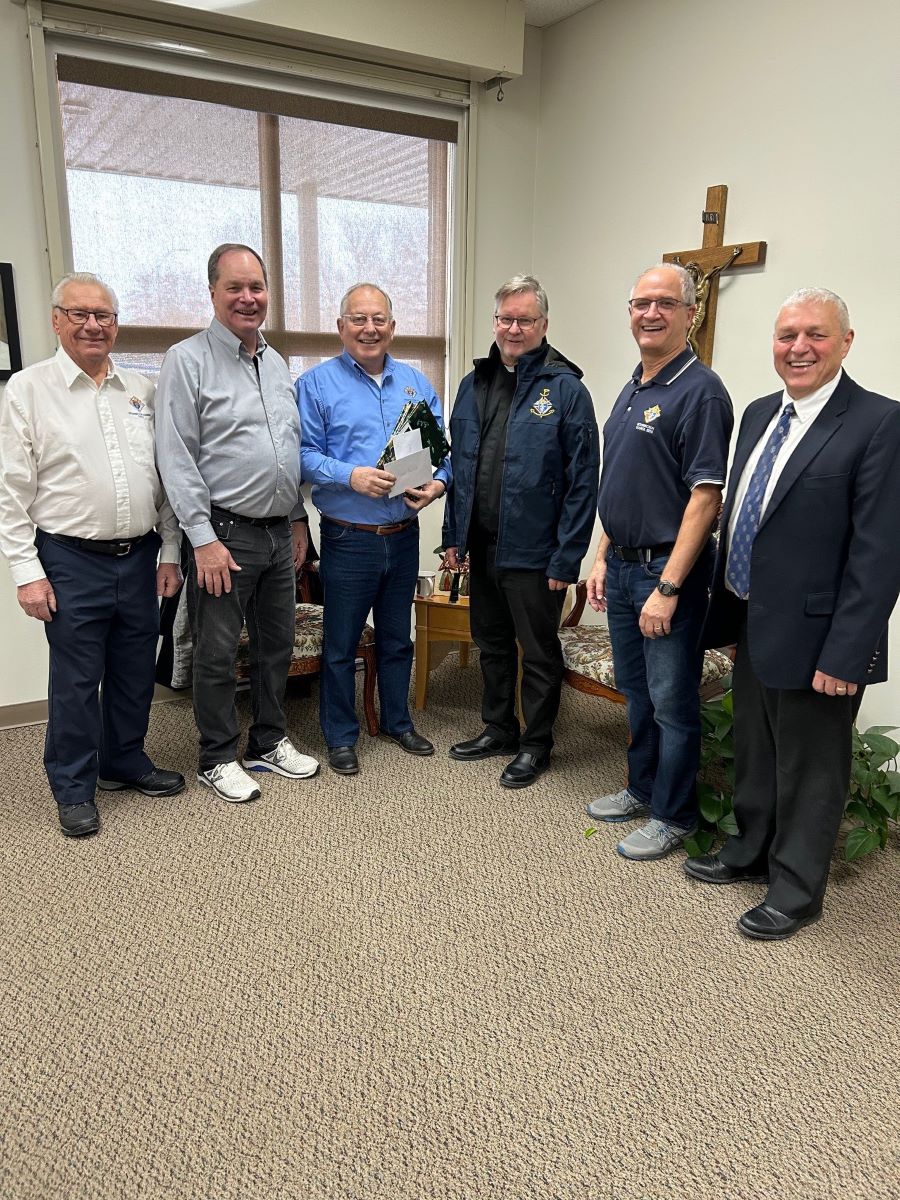 Council 13214 (Resurrection) Presented Their Chaplain with a Jacket in Regina 8 Stan Podruchny, Gil Ennis (Grand Knight), Tony Gartner, Father Brad Fahlman, Darrell Zaba & Brian Schatz