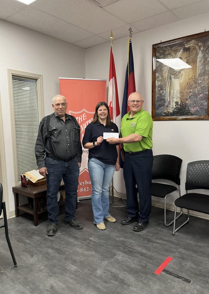The Salvation Army, Weyburn Branch. L to R in the photo are Council 1731 Treasurer, Brother Ray Ball, Salvation Army Community Ministries Worker, Nicole Strickland, and Council 1731 Grand Knight, Richard Wick. The cheque presented was for $2,500.00.