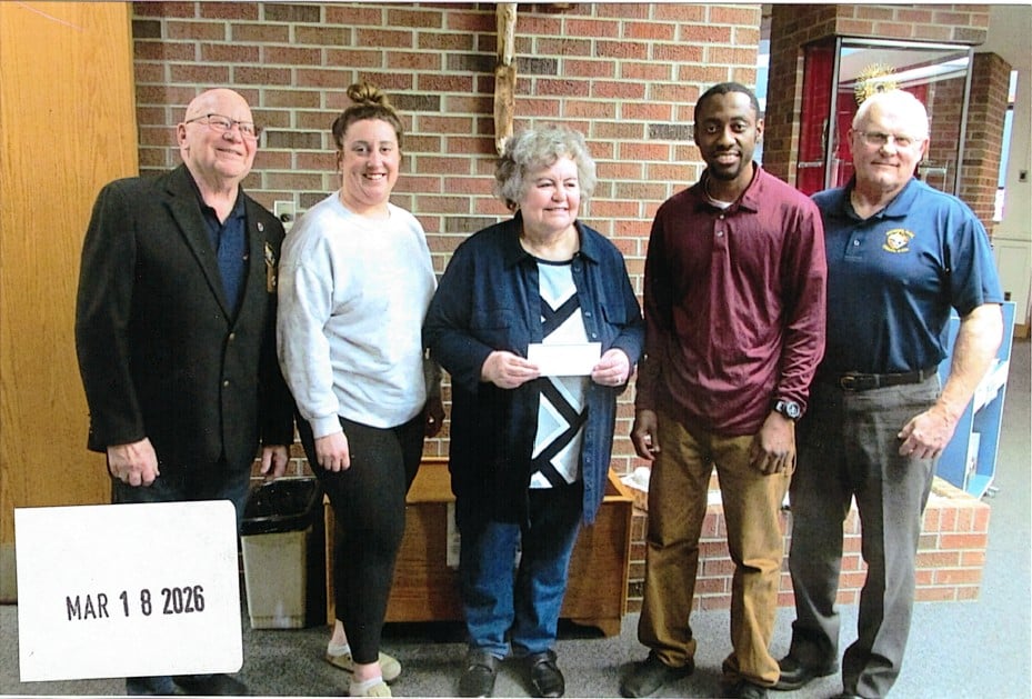 Weyburn Council #1731 Presents Their Incentive Cheques 3 Trustee PGK Brother Ron Klein, Parish Bookkeeper Taylor Hoffman, Parish Council Chairperson Marga Cugnet, Parish Administration Assistant Bernard Omen, and GK, Brother Richard Wick