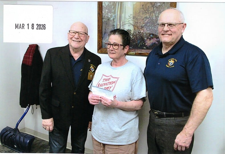 Weyburn Council #1731 Presents Their Incentive Cheques 2 Trustee PGK Brother Ron Klein, Weyburn Salvation Army Manager, Joanne Winters, and GK, Brother Richard Wick.